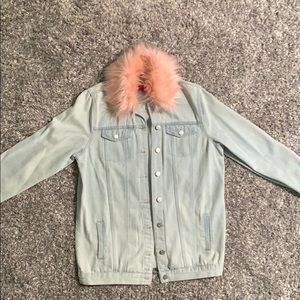 GUESS Oversized Jean Jacket w/Pink Faux Fur Trim